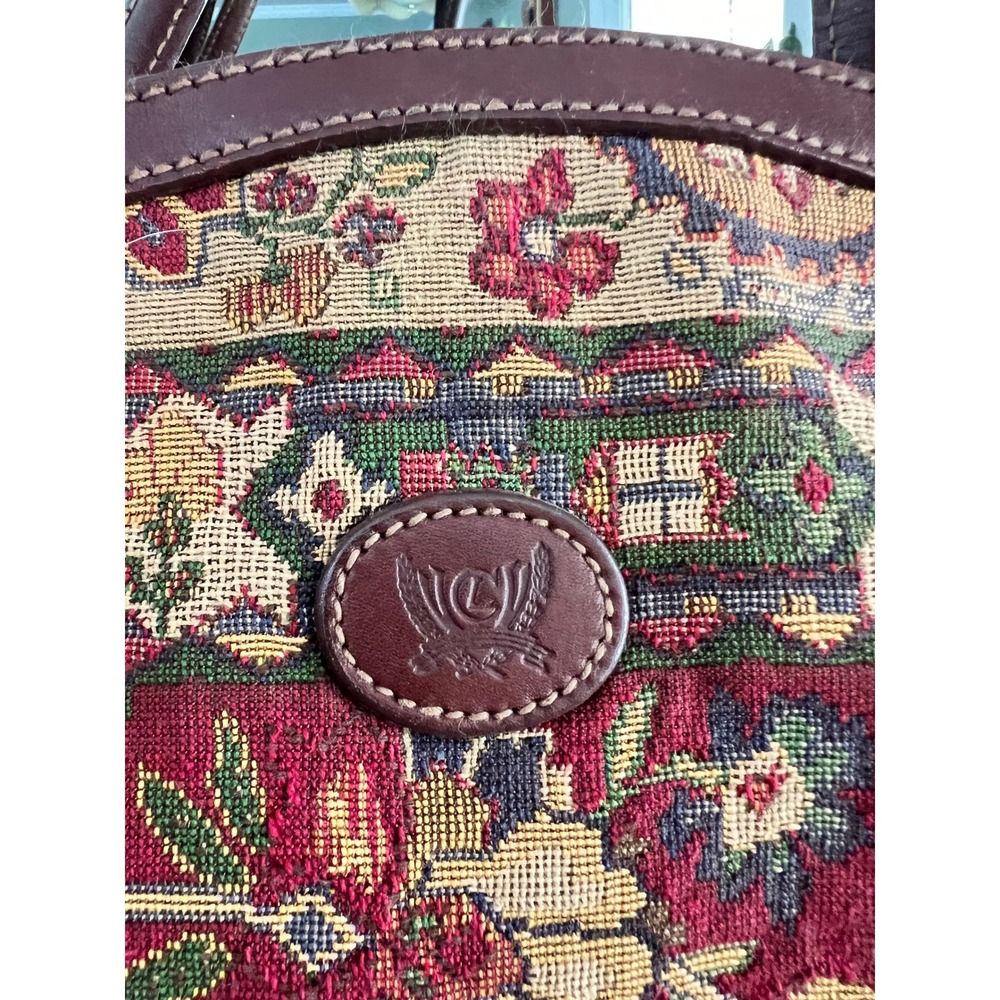 Vintage Liz Claiborne Tapestry Clamshell Satchel Purse Floral Woven Leather Trim - Picture 2 of 13